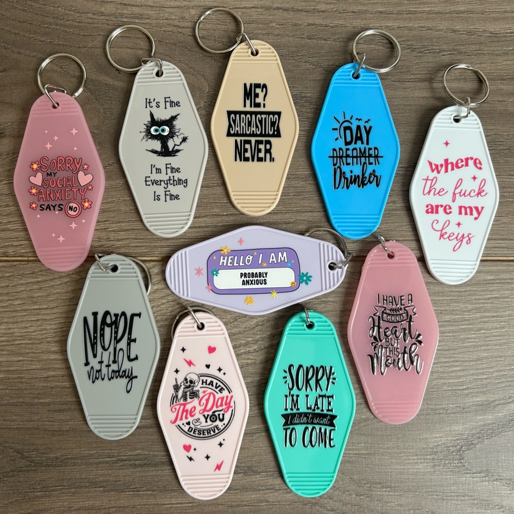 BUNDLE OF 10 Random Handmade Vintage Style Motel Keychains - Designs May Vary